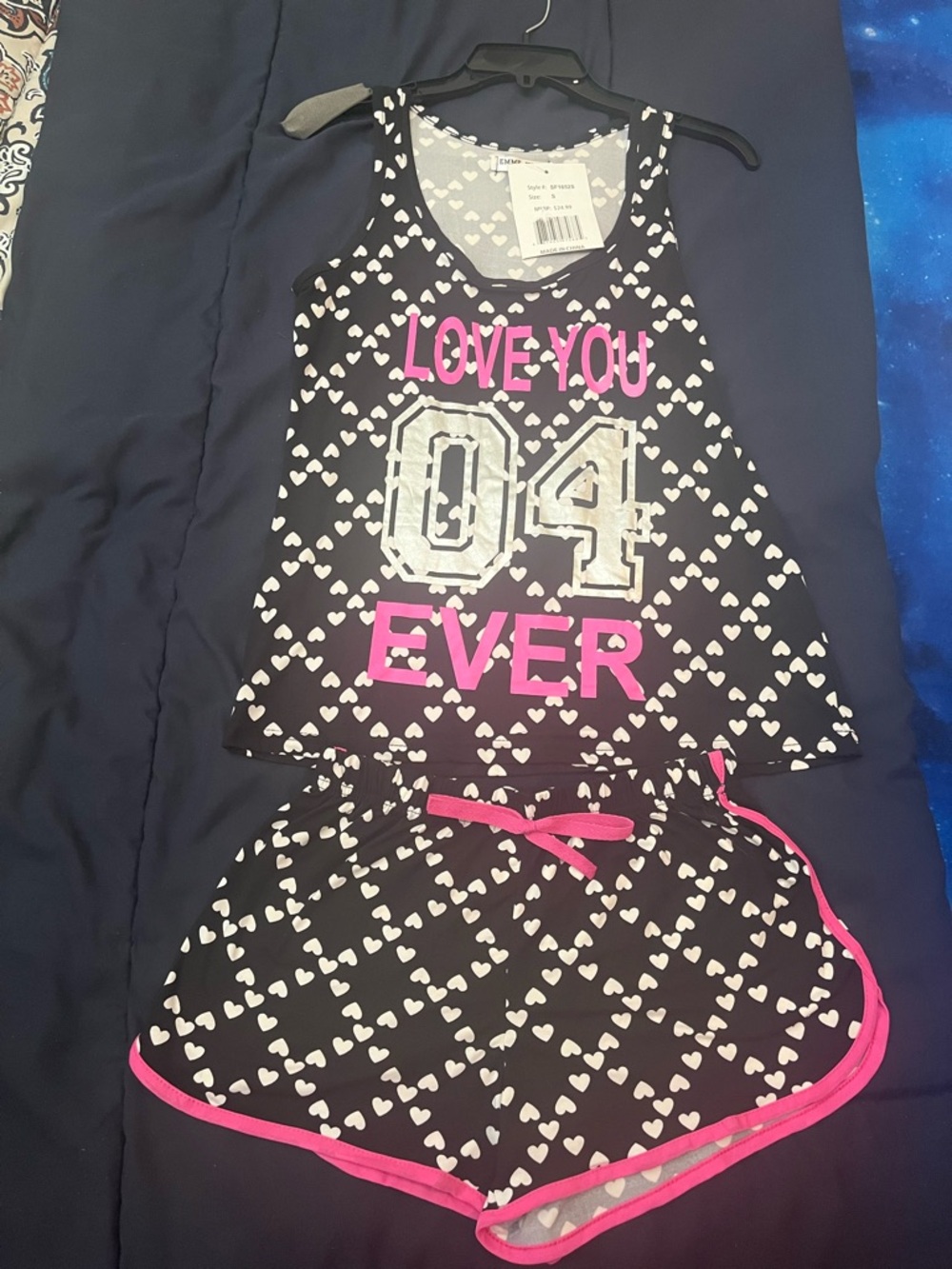 Black Heart Print Tank & Shorts Pajama Set with Pink Accents